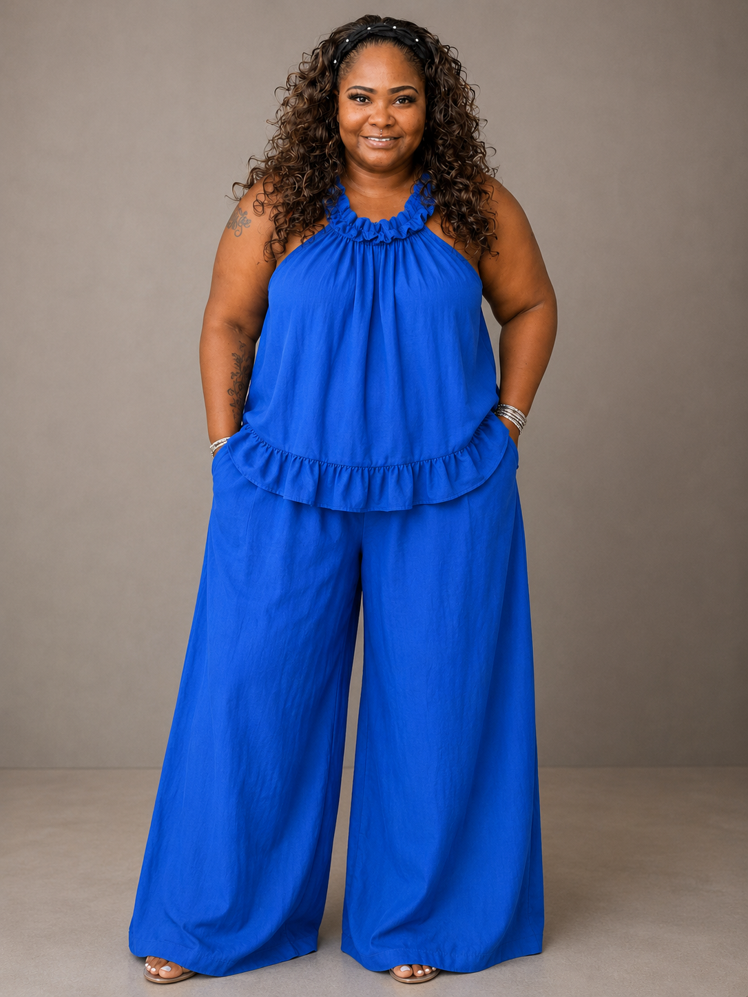 Full Size Ruffled Halter Neck Top and Wide-Leg Pants Set Plus Size