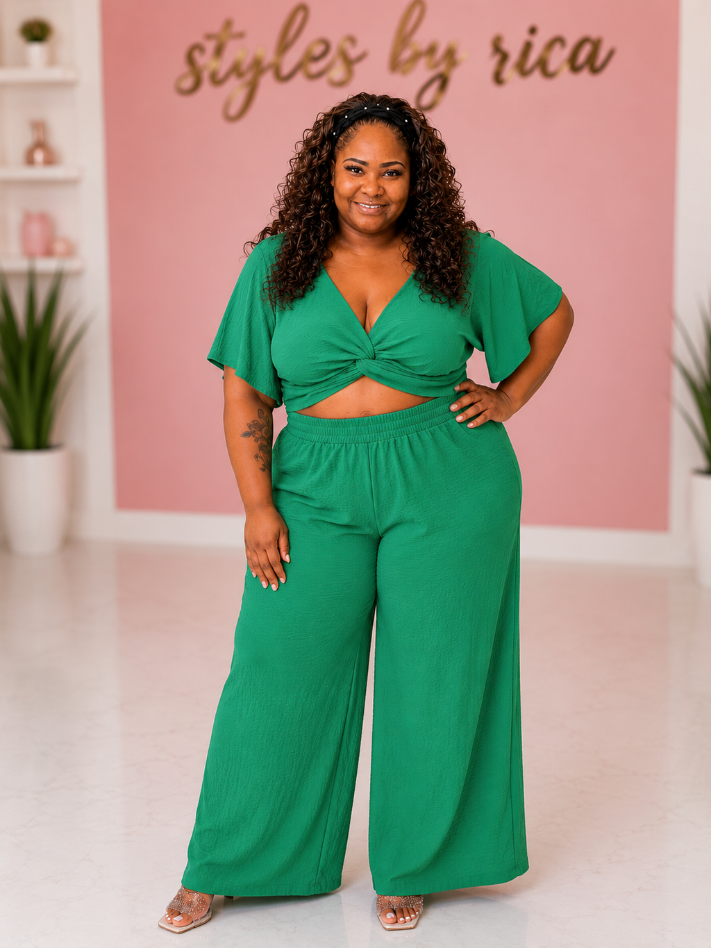 Zenana Woven Airflow Twisted Top & Wide Leg Pants Set