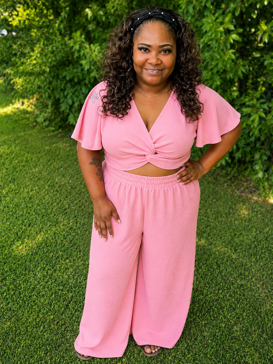 Zenana Woven Airflow Twisted Top & Wide Leg Pants Set