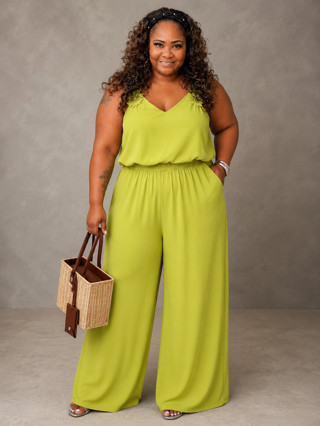Floral Applique V-Neck Wide Leg Jumpsuit